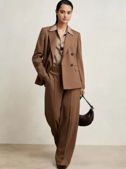 Reiss Tan Solene Wool-Blend Wide-Leg Suit Trousers
