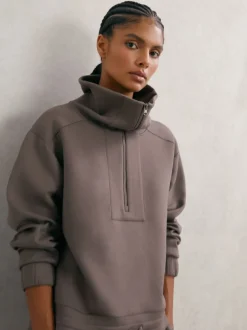 Reiss Taupe Brown Laney Premium Interlock Half-Zip Sweatshirt