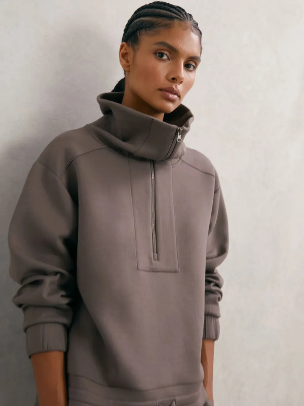 Reiss Taupe Brown Laney Premium Interlock Half-Zip Sweatshirt