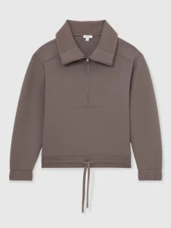 Reiss Taupe Brown Laney Premium Interlock Half-Zip Sweatshirt