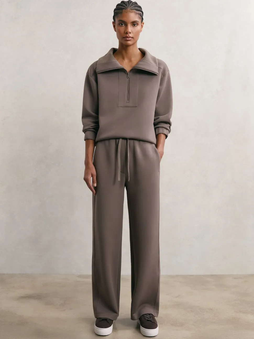 Reiss Taupe Brown Laney Premium Interlock Wide-Leg Joggers