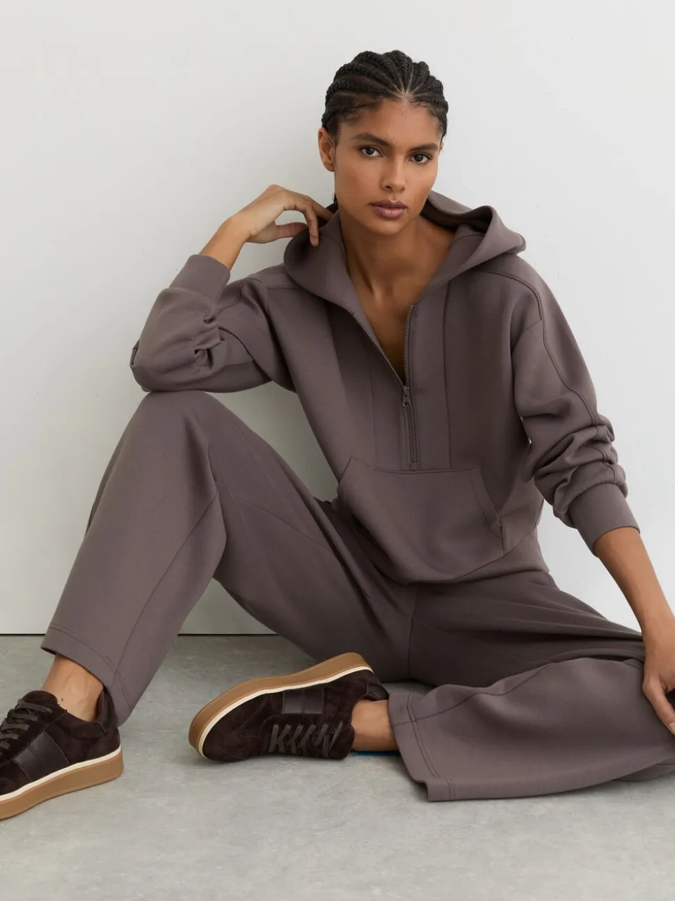 Reiss Taupe Brown Lockie Premium Interlock Half-Zip Hoodie