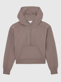 Reiss Taupe Brown Lockie Premium Interlock Half-Zip Hoodie