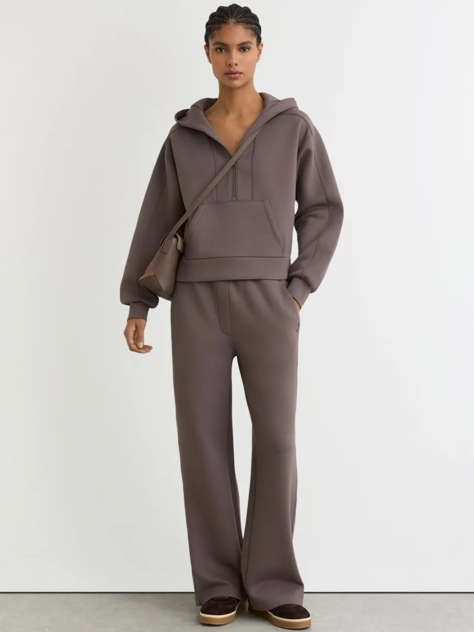 Reiss Taupe Brown Lockie Premium Interlock Half-Zip Hoodie