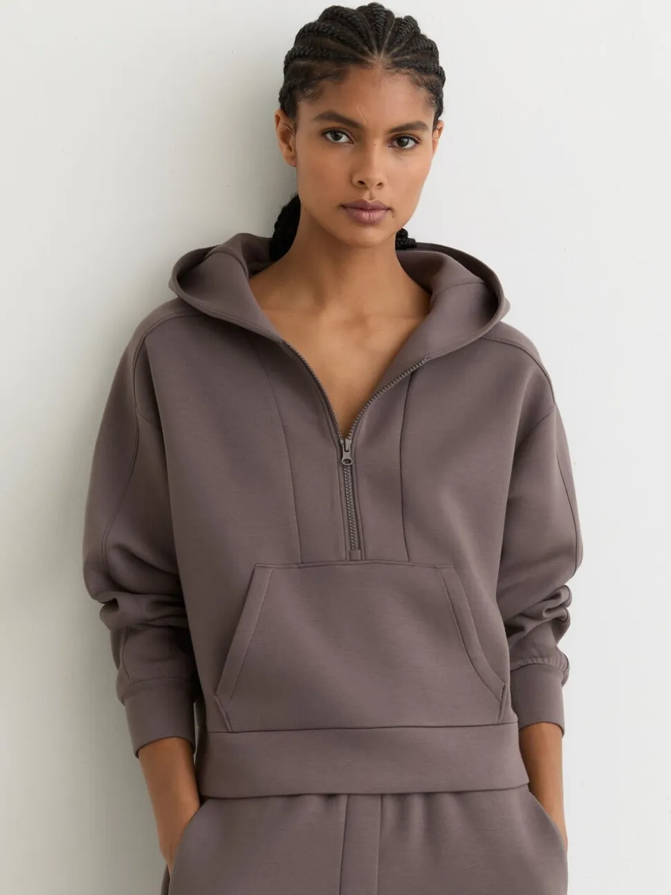 Reiss Taupe Brown Lockie Premium Interlock Half-Zip Hoodie