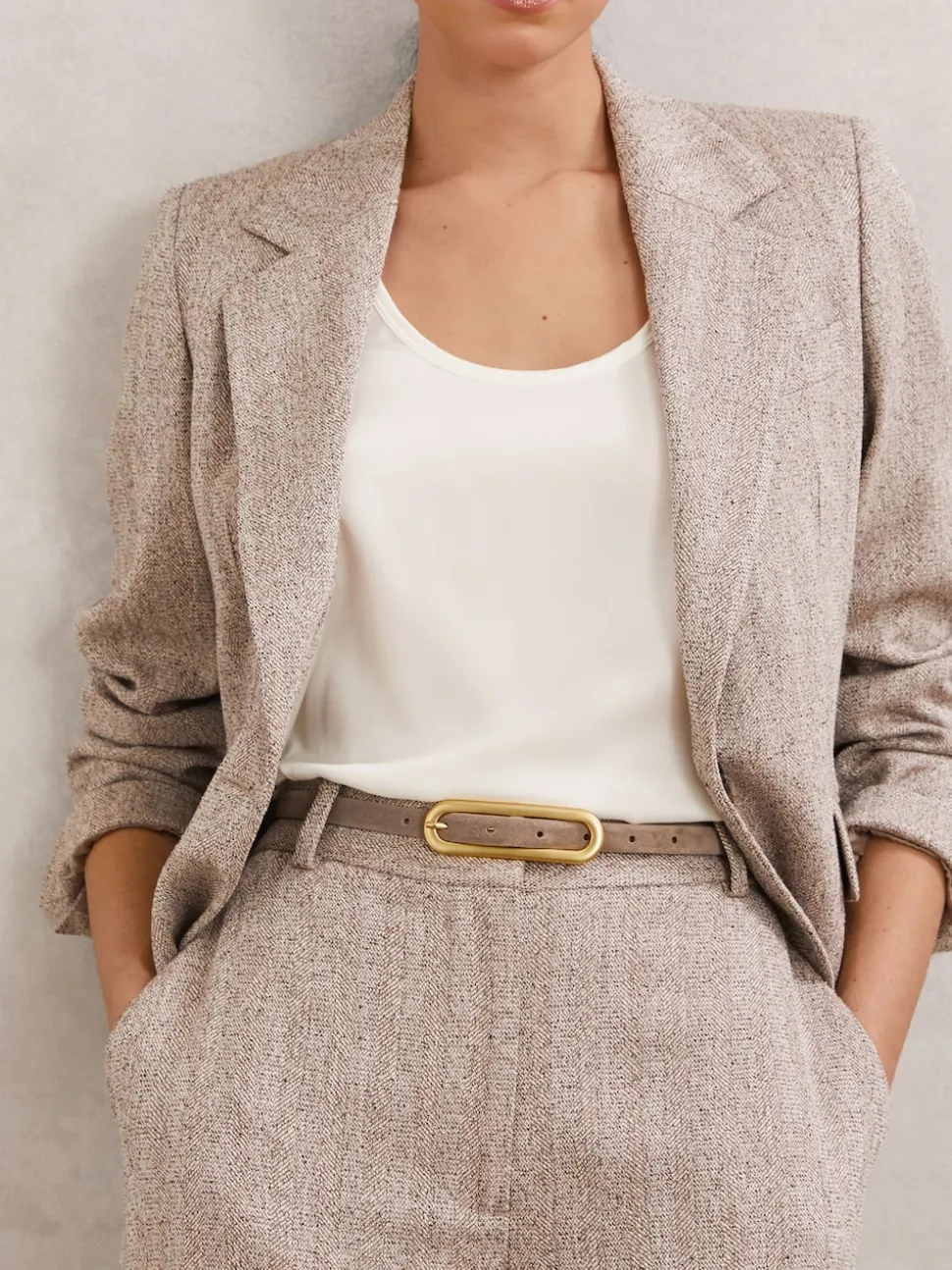 Reiss Taupe Chaya Suede Elongated-Buckle Skinny Belt