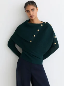 Reiss Teal Blue Lexi Rib-Knit Button Shawl Jumper