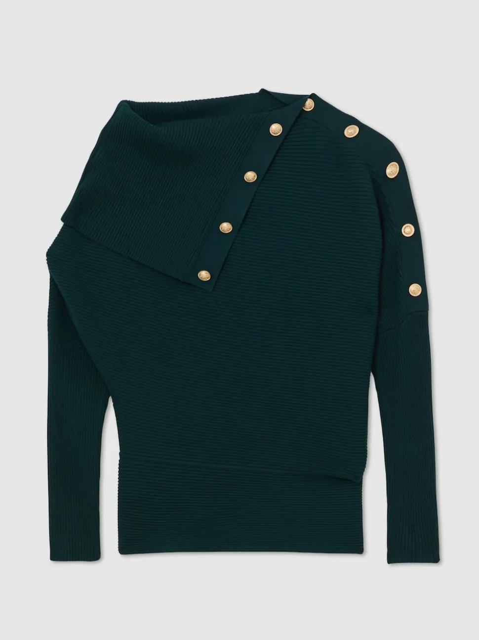 Reiss Teal Blue Lexi Rib-Knit Button Shawl Jumper