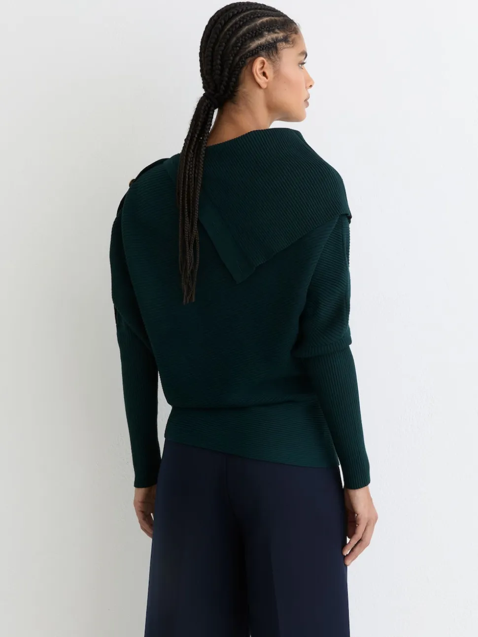 Reiss Teal Blue Lexi Rib-Knit Button Shawl Jumper