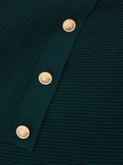 Reiss Teal Blue Lexi Rib-Knit Button Shawl Jumper