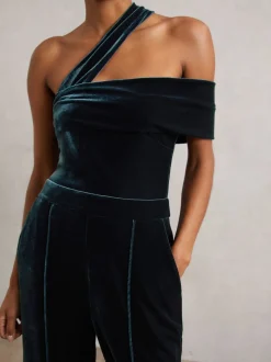 Reiss Teal Green Daria Velvet One-Shoulder Wide-Leg Jumpsuit