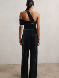 Reiss Teal Green Daria Velvet One-Shoulder Wide-Leg Jumpsuit