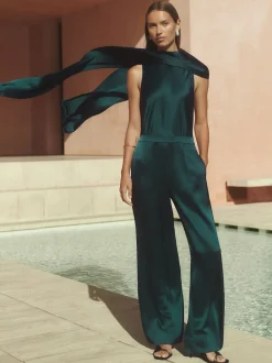 Reiss Teal Green Farah Satin Cape-Sash Jumpsuit
