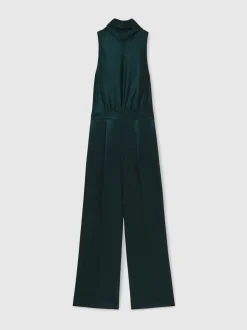 Reiss Teal Green Farah Satin Cape-Sash Jumpsuit