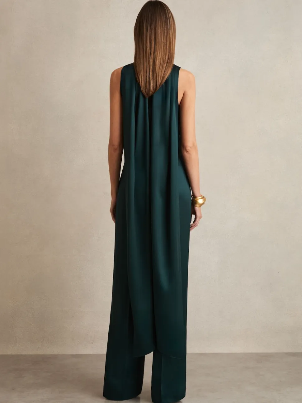Reiss Teal Green Farah Satin Cape-Sash Jumpsuit