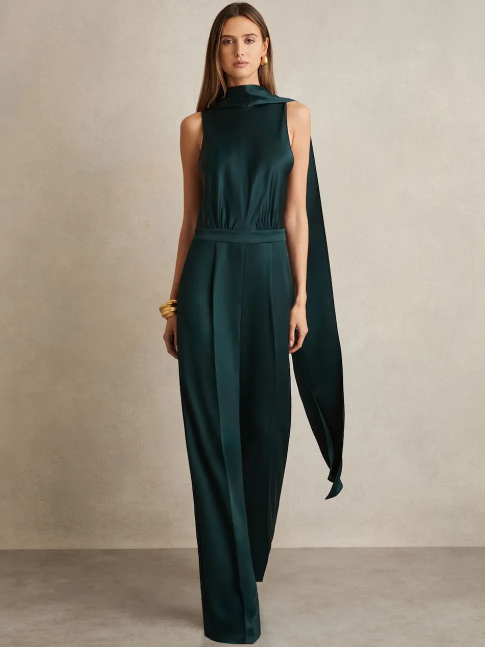 Reiss Teal Green Farah Satin Cape-Sash Jumpsuit