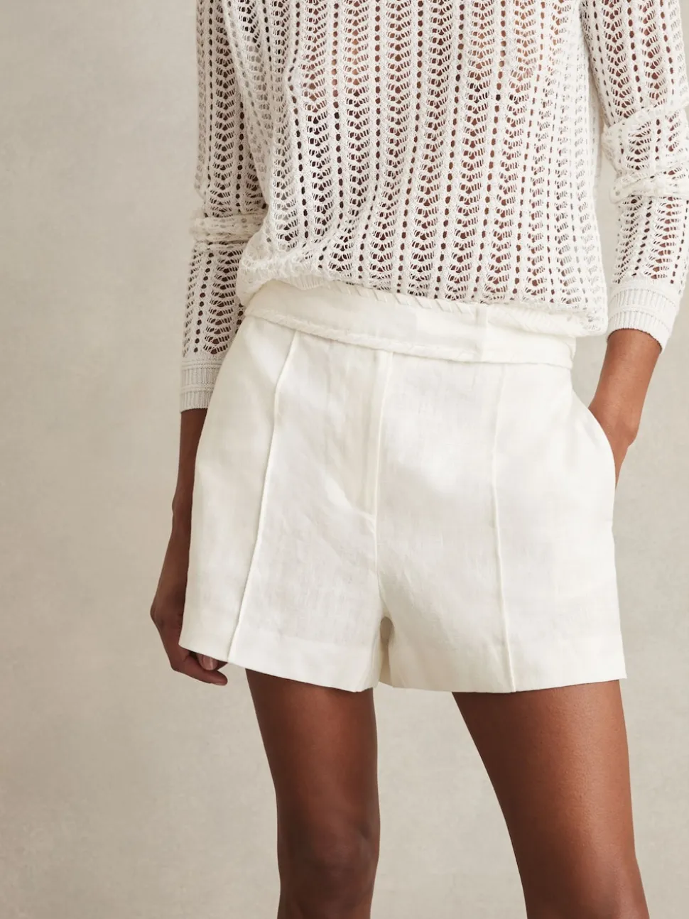 Reiss White Fawn Linen Whipstitch Shorts