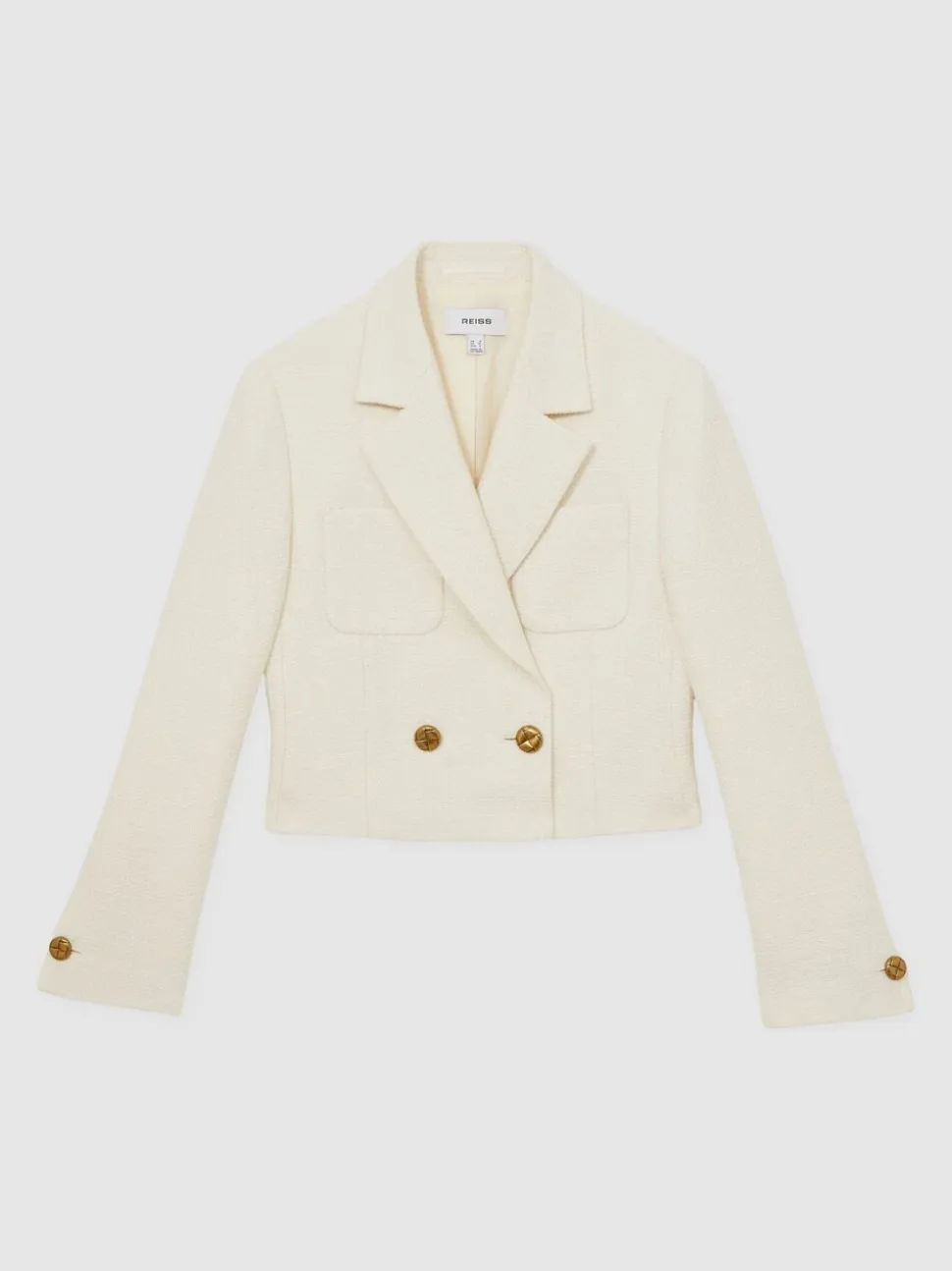 Reiss White Mia Double-Breasted Textured Cropped Blazer with Wool and Cotton