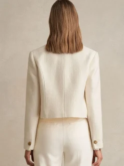 Reiss White Mia Double-Breasted Textured Cropped Blazer with Wool and Cotton