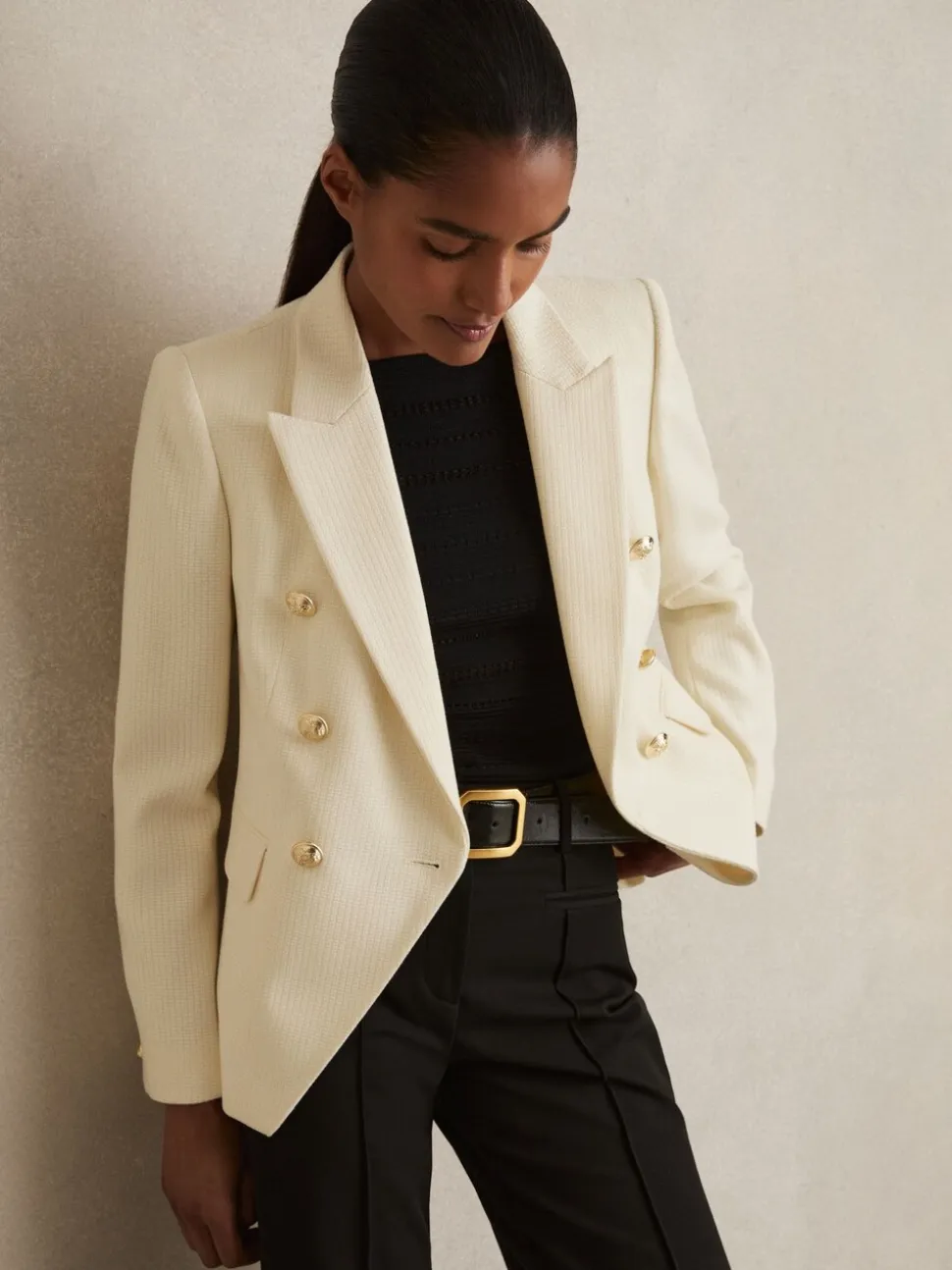 Reiss White Tally Tailored Fit Textured Double Breasted Blazer
