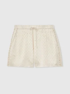 Reiss White Winnie Laser Cut Drawstring Shorts
