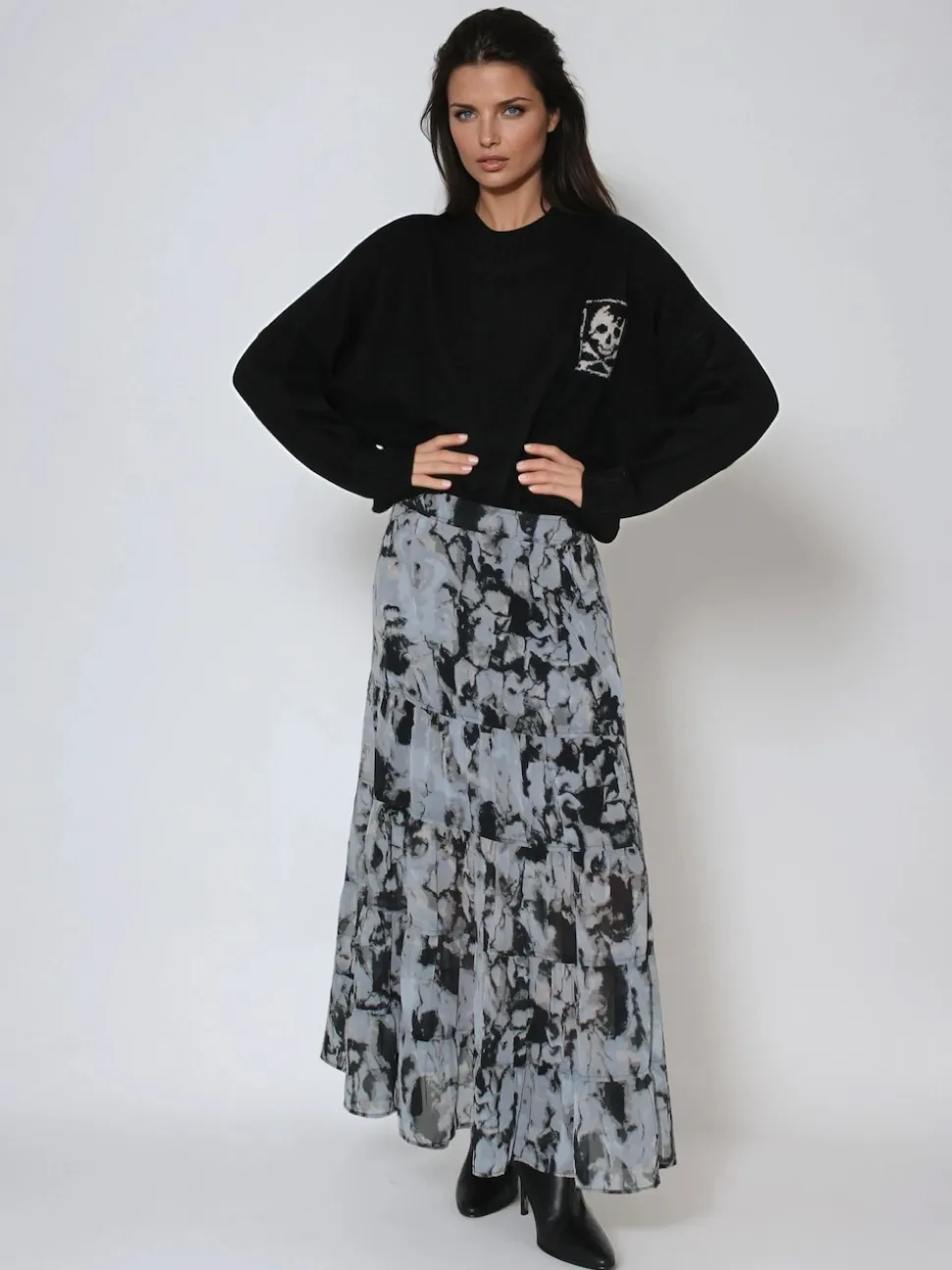 Religion Black Citrine Tiered Maxi Skirt In Dark Abstract Print