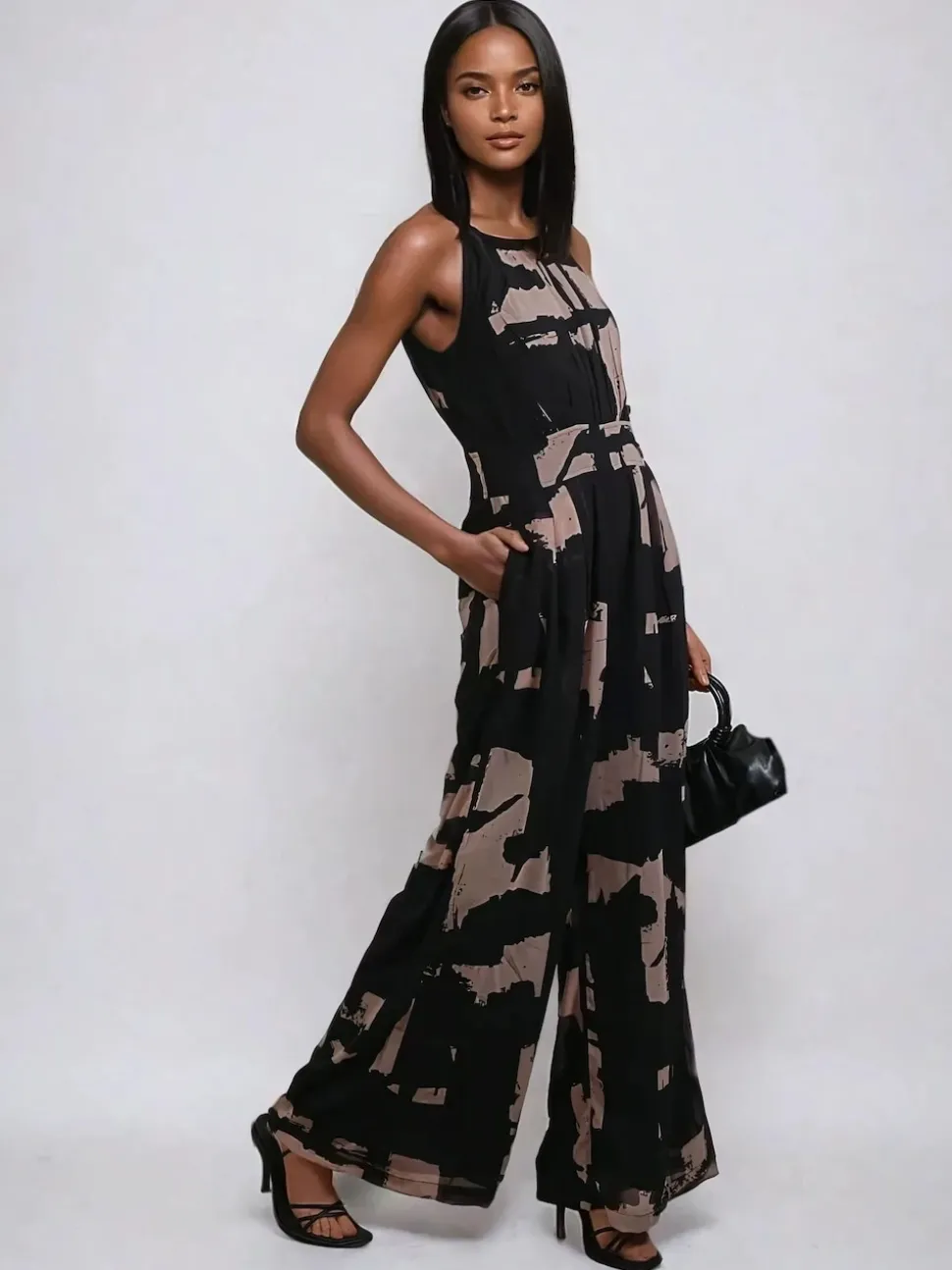 Religion Black Crew Wide Leg Jumpsuit in Abstract Façade Print