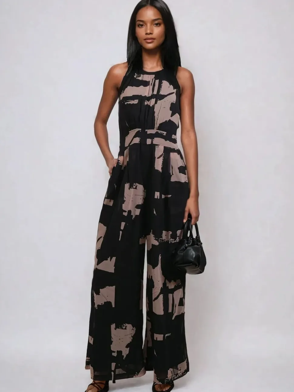 Religion Black Crew Wide Leg Jumpsuit in Abstract Façade Print