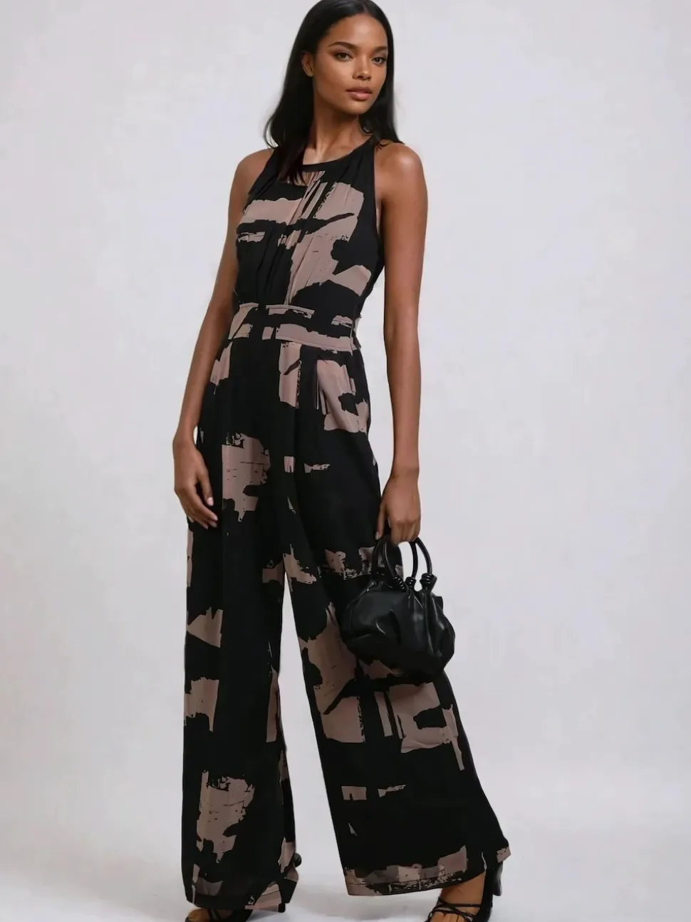 Religion Black Crew Wide Leg Jumpsuit in Abstract Façade Print
