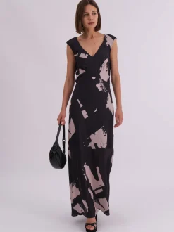 Religion Black Dawn Maxi Column Dress With Draped Back Detail In Hand-Painted Print