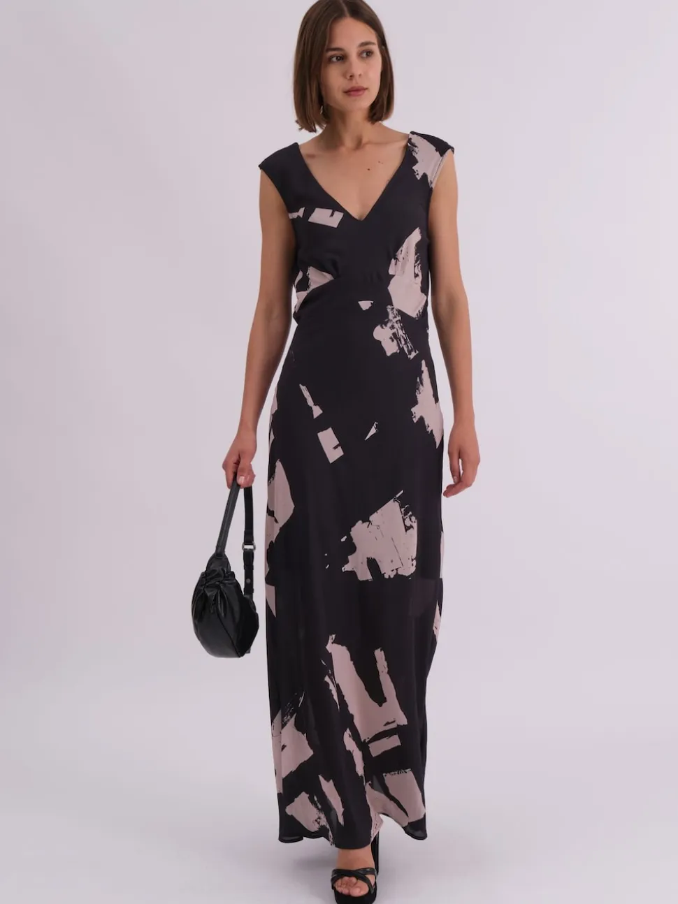 Religion Black Dawn Maxi Column Dress With Draped Back Detail In Hand-Painted Print