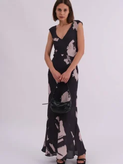 Religion Black Dawn Maxi Column Dress With Draped Back Detail In Hand-Painted Print