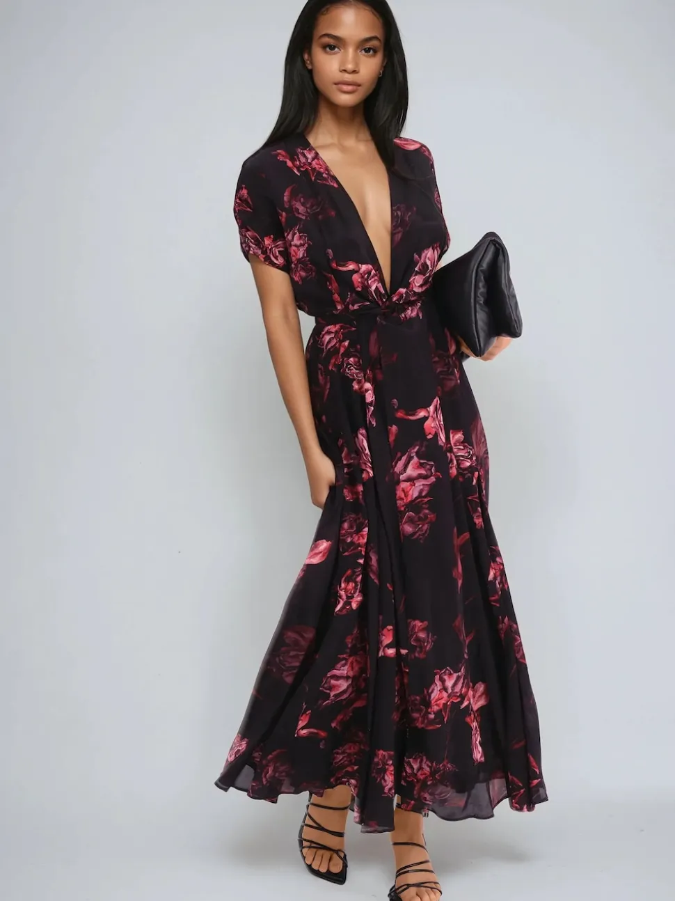 Religion Black Fade Maxi 2 Way Wrap Dress In Dark Floral