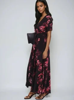 Religion Black Fade Maxi 2 Way Wrap Dress In Dark Floral