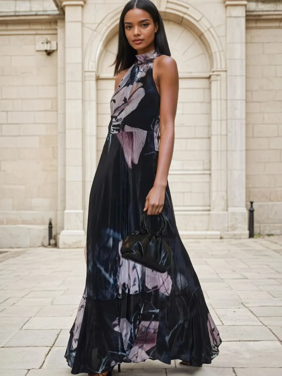 Religion Black Florence Halterneck Maxi Dress With Sash Detail In Dark Floral
