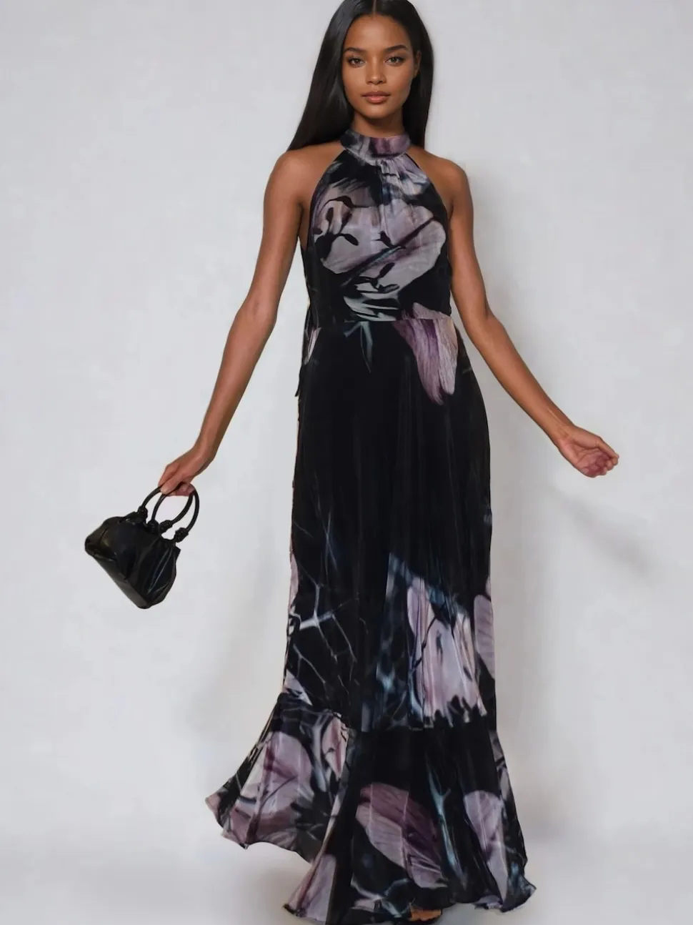 Religion Black Florence Halterneck Maxi Dress With Sash Detail In Dark Floral