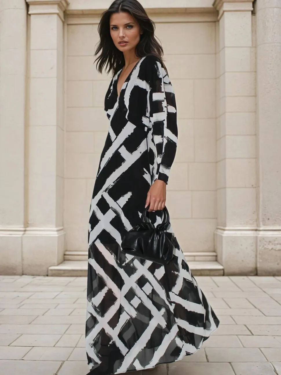 Religion Black Lily Column Bias Cut Maxi Dress In Abstract Monochrome Stripe Print