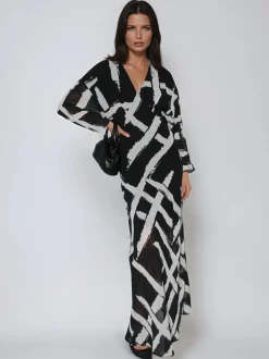 Religion Black Lily Column Bias Cut Maxi Dress In Abstract Monochrome Stripe Print