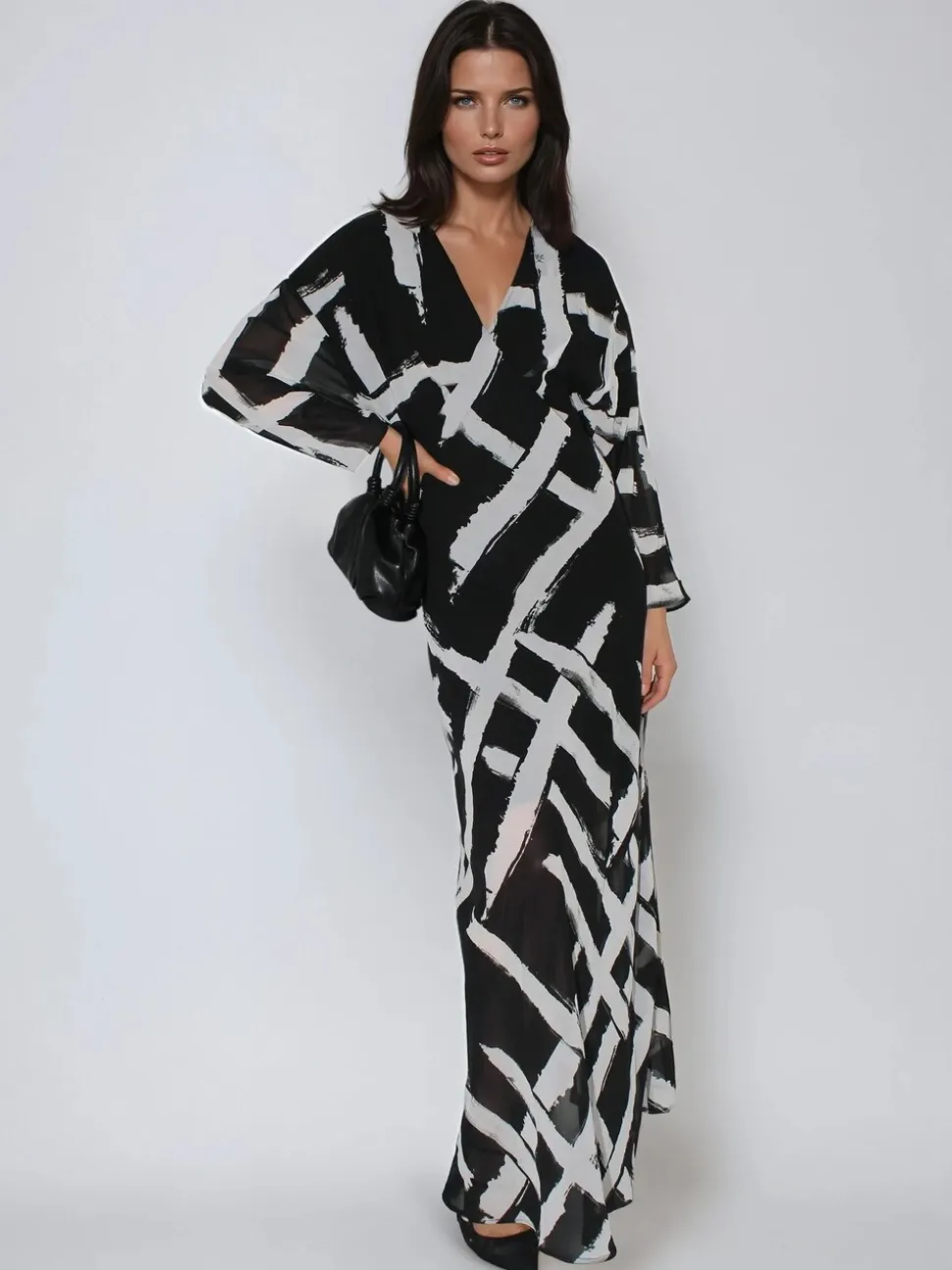Religion Black Lily Column Bias Cut Maxi Dress In Abstract Monochrome Stripe Print