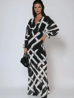 Religion Black Lily Column Bias Cut Maxi Dress In Abstract Monochrome Stripe Print