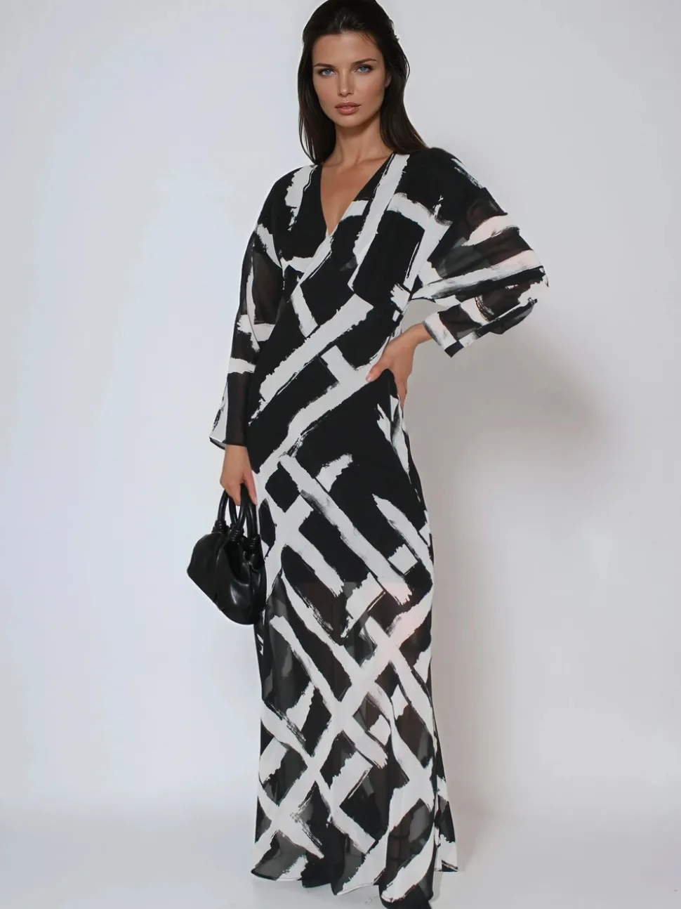 Religion Black Lily Column Bias Cut Maxi Dress In Abstract Monochrome Stripe Print