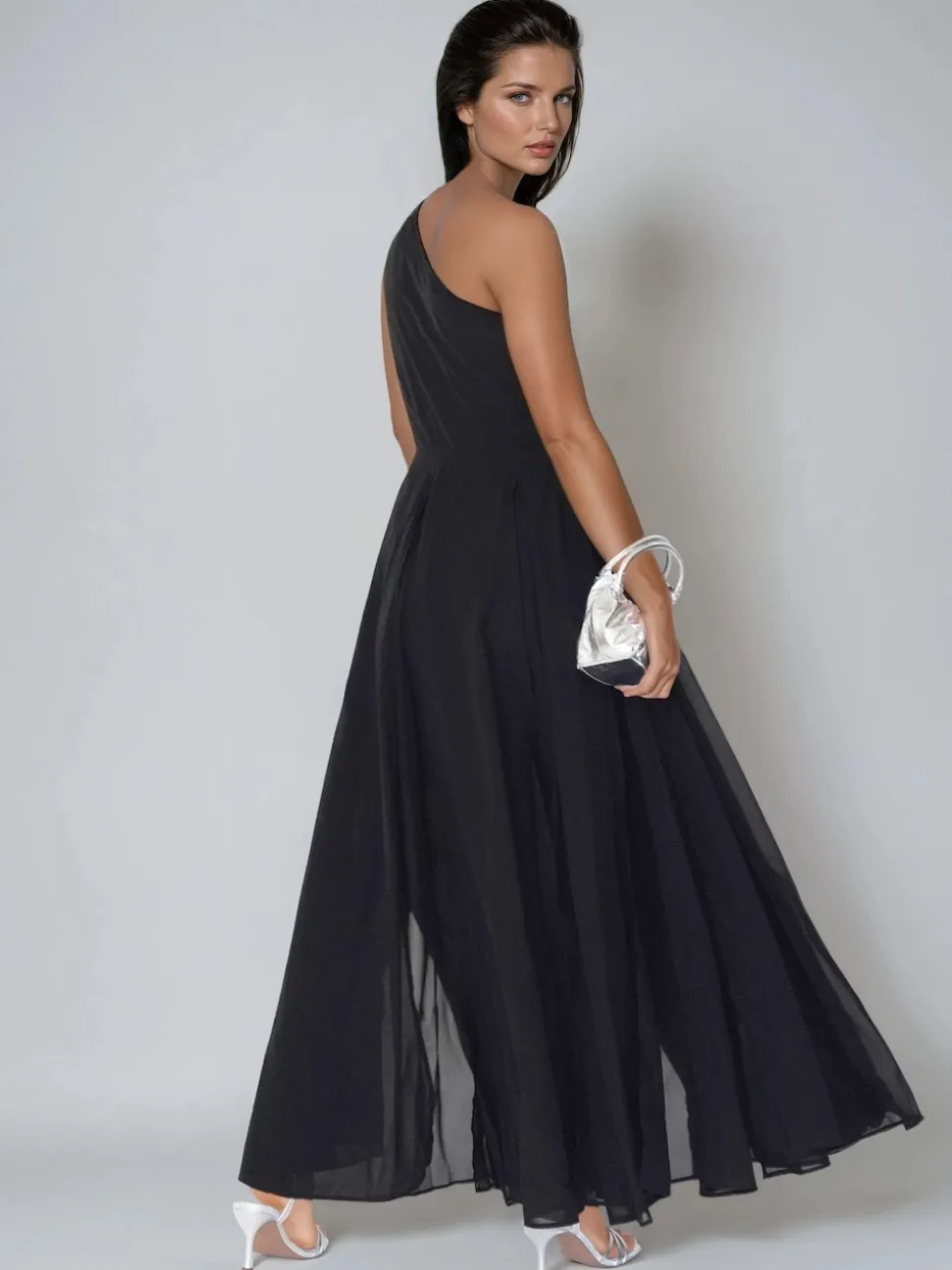 Religion Black Sheer One Shoulder Maxi Dress With Full Skirt