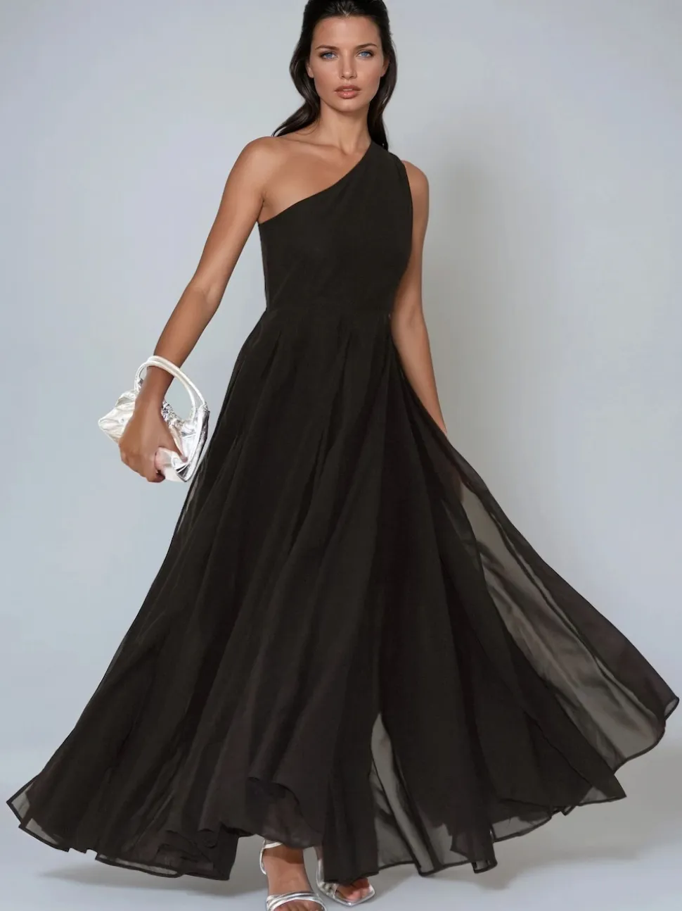 Religion Black Sheer One Shoulder Maxi Dress With Full Skirt