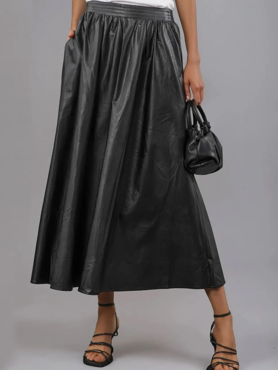 Religion Black Sophie Full Maxi Skirt In Faux Leather With Pockets
