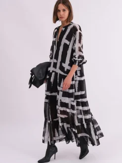 Religion Black Sunset Maxi Shirt Dress With A Tiered Boho Style Skirt In Abstract Prints
