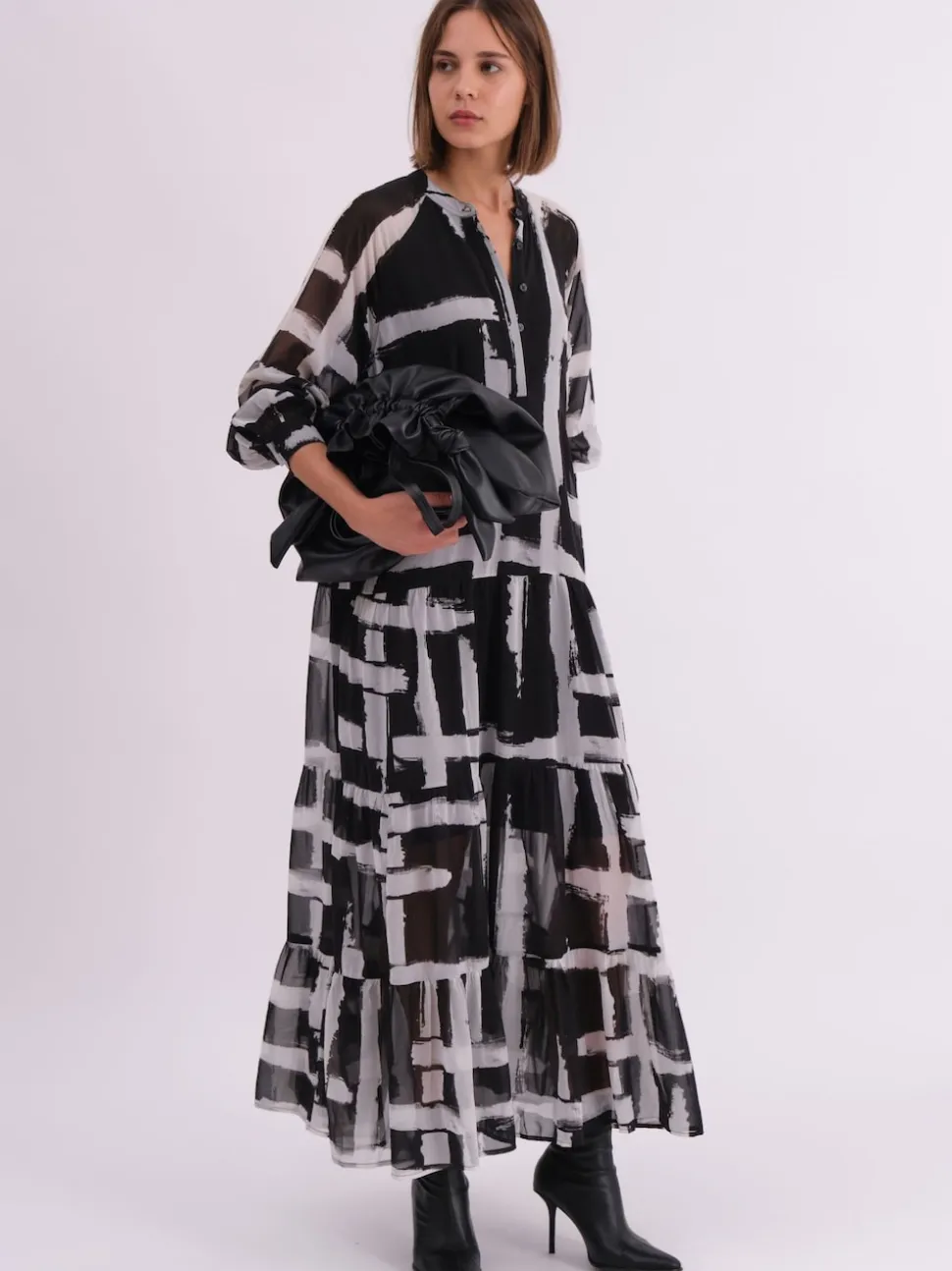 Religion Black Sunset Maxi Shirt Dress With A Tiered Boho Style Skirt In Abstract Prints