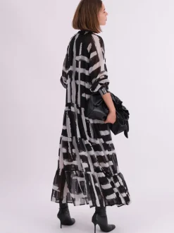 Religion Black Sunset Maxi Shirt Dress With A Tiered Boho Style Skirt In Abstract Prints