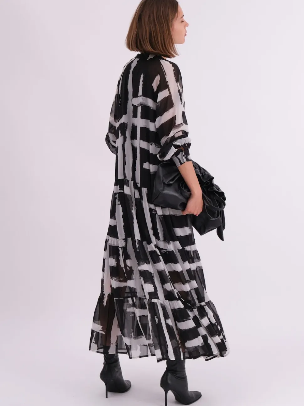 Religion Black Sunset Maxi Shirt Dress With A Tiered Boho Style Skirt In Abstract Prints
