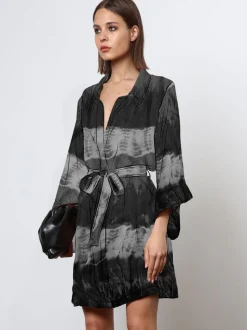 Religion Black Tie Dye Tunic Shirt Dress With Kimono Sleeves in Bright Floral Print