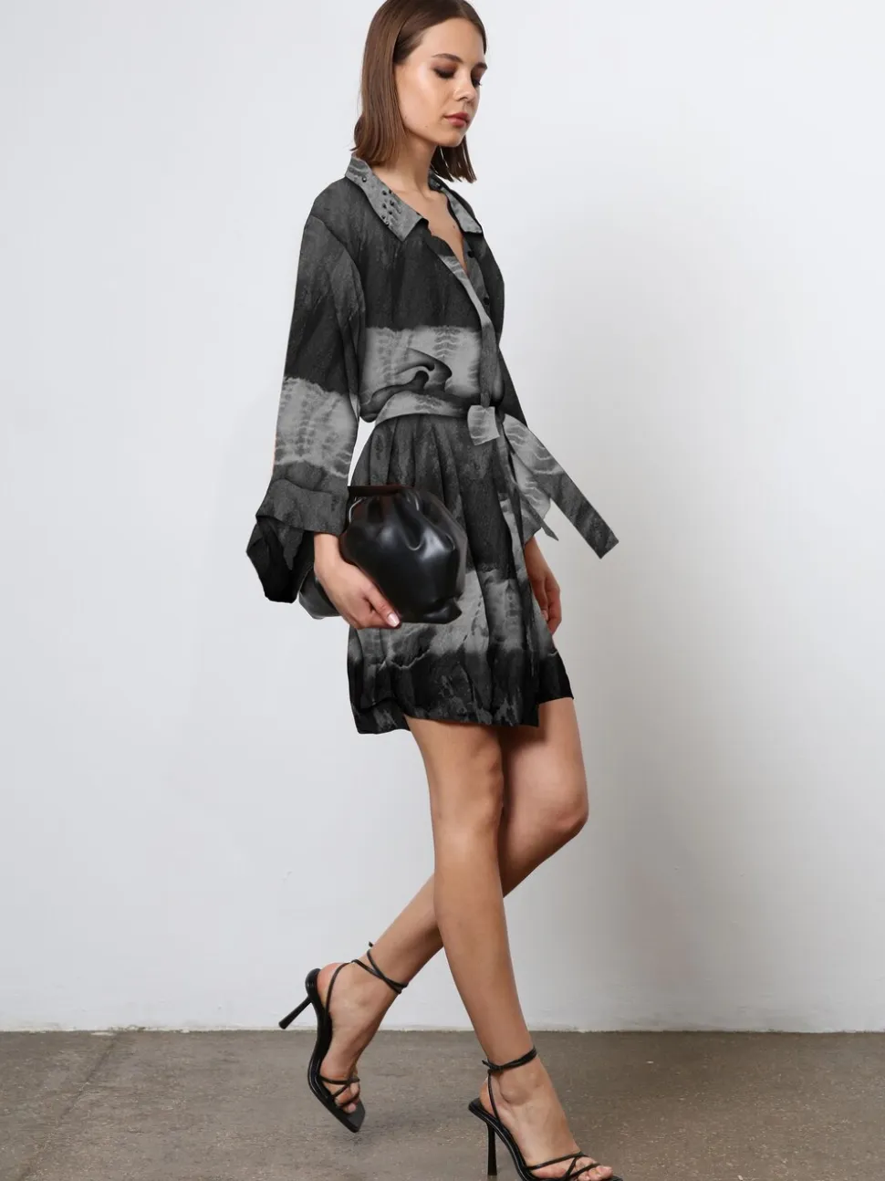 Religion Black Tie Dye Tunic Shirt Dress With Kimono Sleeves in Bright Floral Print